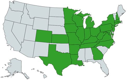 Figure 2. Distribution map of the emerald ash borer, Agrilus planipennis Fairmaire, in the United States. The states that have confirmed emerald ash borer are shaded in green.