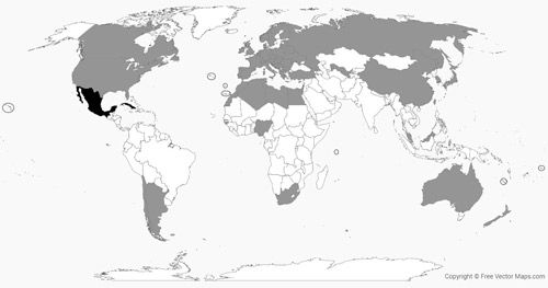 Figure 2. Global distribution of the hister beetle, Carcinops pumilio (Erichson). Data are presented at the country-level. Occurrences in solid gray are based on published data from the literature or museum specimen databases. Occurrences in black (Cuba and Mexico) are based on speculation in the literature and online checklists. Grey circles surround the Madeira Archipelago, Azores, Canary Islands, Samoa, Hawaiian Islands, and Seychelles.