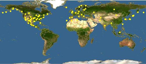 Figure 3. Global distribution of Creophilus maxillosus (Linnaeus). Computer generated distribution map revised 2012 by John Pickering, Discover Life. This map has not been updated to show the recently discovered populations in South America or Hawaii.