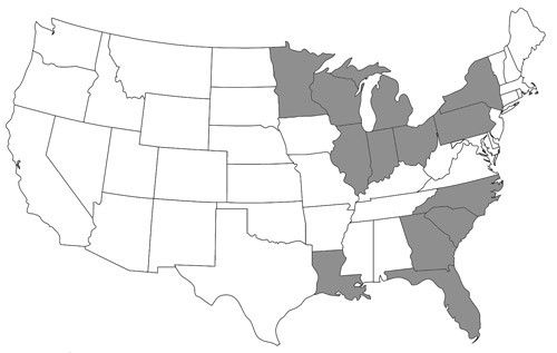 Figure 4. State distribution map of Nomada fervida Smith in the United States constructed using data from Droege et al. 2010 and specimen records in Table 1. States colored grey are indicative of known species records.