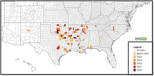 Figure 2. Counties with verified reports of crapemyrtle bark scale, Acanthococcus lagerstroemiae (Kuwana), as of May, 2018.