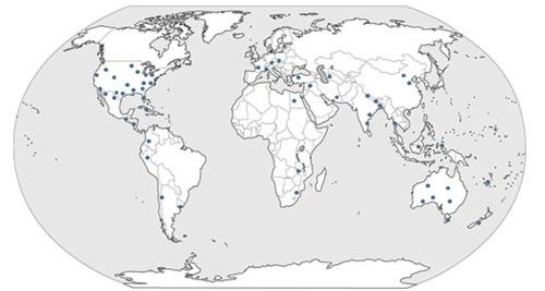 Figure 2. The blue dots indicate the global distribution of composite thrips, Microcephalothrips abdominalis Crawford.