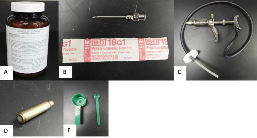 Figure 3. Equipment necessary to perform trunk injections; (A) oxytetracycline-hydrochloride (B) syringe (C) injector (D) injection valve (E) measuring spoons.