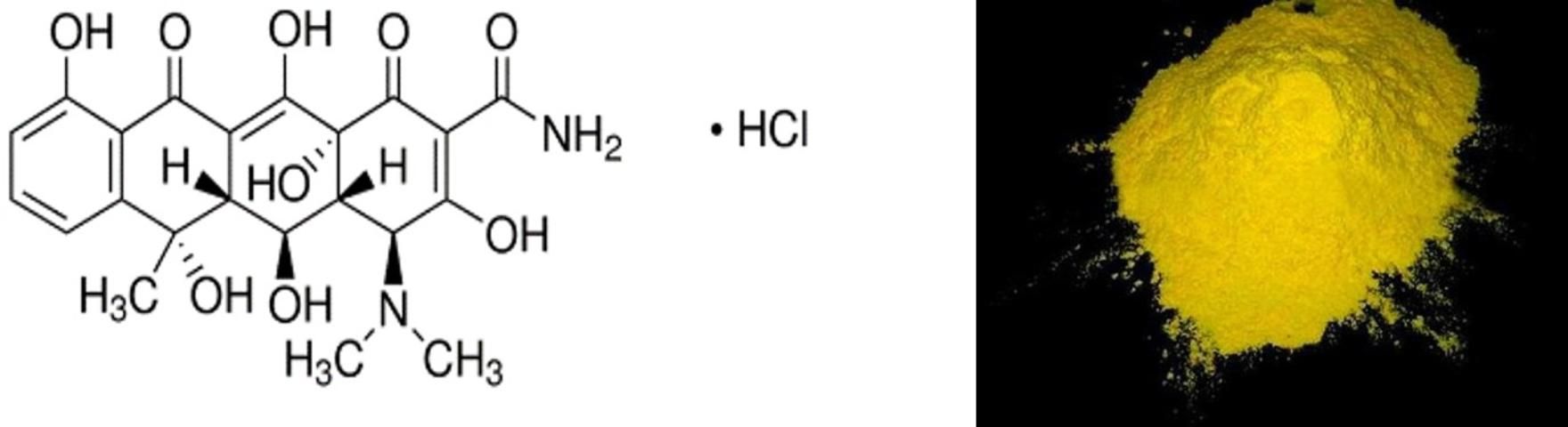 Figure 2. Chemical structure of oxytetracycline-hydrochloride (left) and physical appearance (right).