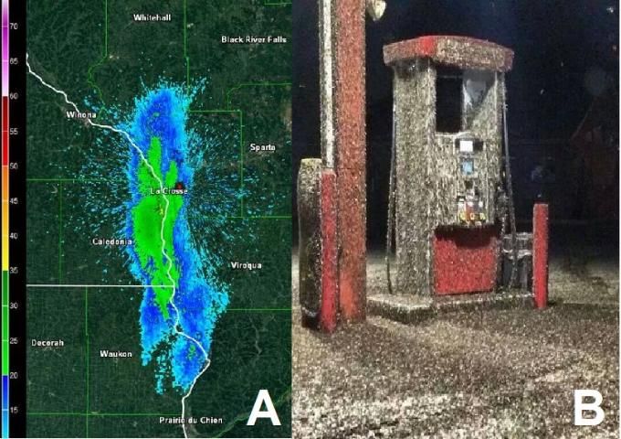 Figure 5. A) A weather radar image of Hexagenia limbata hatch along the Mississippi River in 2014. B) A typical scene from the same 2014 hatch as massive adult numbers are attracted to lights near waterways.