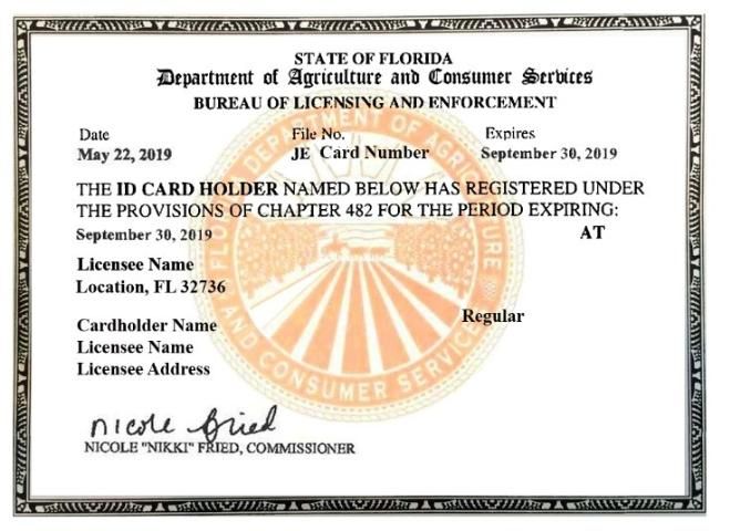 Figure 1. Example of a Florida state ID card that all salespeople, office staff, and technicians are required to carry.