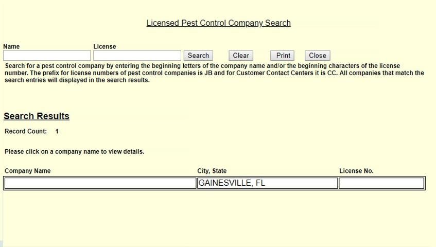 Figure 3. Screenshot of Florida Department of Agriculture and Consumer Services (FDACS) Licensed Pest Control Company Search. The FDACS search function requires the name of the company to be precisely entered in order to return a result.