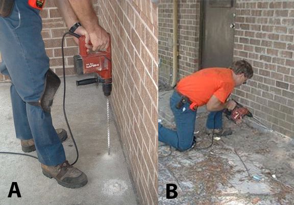 Figure 35. A) Down-drilling the slab so that termiticide can be injected under the slab and cut off subterranean termite access; B) Angle-drilling the slab. Another method to inject termiticide under the slab. Your pest management professional must understand building construction in order to know that the drill will emerge under the slab.