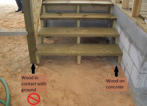 Figure 9. Example of wood-to-ground contact. Other examples in homes that may have wood-to-ground contact include piers, posts, attached fences, and decks. In this picture, the part of the wooden stair that is on the concrete pad may gain slightly more protection, but termites can still find the stairs via the gap against the wall.