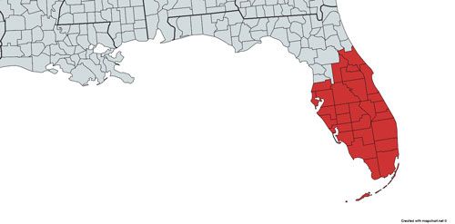 Figure 5. Generalized native distribution of Wyeomyia vanduzeei in Florida based on Darsie and Morris 2003, O'Meara et al. 2003, and Darsie and Ward 2005.