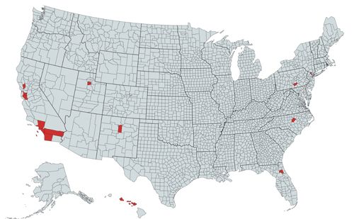 Figure 2. Reported distribution of Ligurian leafhopper (Eupteryx decemnotata (Rey)) occurrences within the United States. Counties where the leafhopper has been found are highlighted in red.