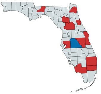 Figure 2. Florida counties where Tarophagus colocasiae has been found as of December 2019. Polk County (where the initial find was made) is colored blue.