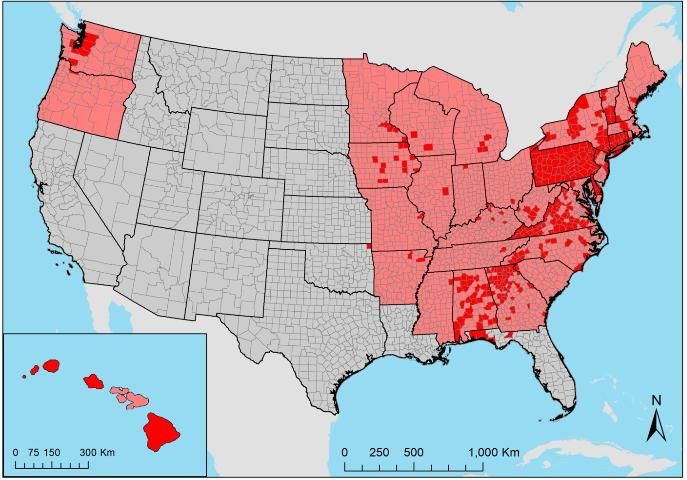 Figure 3. The current introduced range of Aedes japonicus (Theobald) in the United States. State-level occurrences reported in Kaufman and Fonseca 2014 are shown in pink. Documented county-level occurrences are shown in red (Peyton et al. 1999, Andreadis et al. 2001, Scott 2003, Kaufman et al. 2005, Butler et al. 2006, Bevins 2007, Andreadis et al. 2010, Johnson et al. 2010, Kaufman et al. 2012, Winchester and Kapan 2013, Egizi et al. 2016, Riles et al. 2017, Bradt et al. 2018, GMCA 2018, Hutchinson 2018, McKenzie et al. 2019, Peach et al. 2019, VAAFM 2019, Sames et al. 2020).