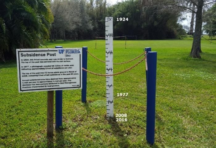 Figure 8. Subsidence post at the UF/IFAS EREC in Belle Glade, FL. Note: Post marks show soil depth in previous years. This may not be typical of other areas, because it has no crops and is drained most of the year.