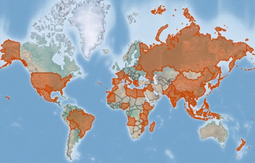 Estimated distribution of Xenopsylla cheopis. Potential locations are shown in orange highlights and are based on database mining of location records. 