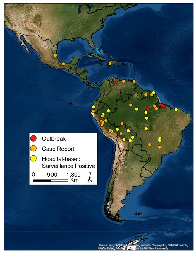 Map adapted from Caicedo et al. 2020 that compiled confirmed MAYVD outbreaks, case reports, and hospital-based surveillance from a systematic review of the scientific literature. Case reports were confirmed through one of three molecular tests: viral isolation, presence of Immunoglobulin M (IgM) antibodies that indicate a current or recent infection, or PCR. Hospital-based surveillance included testing of patients exhibiting a fever using a combination of PCR and testing for the presence of IgM antibodies. Image Basemap source: Esri, DigitalGlobe, GeoEye, Earthstar Geographics, CNES/Airbus DS, USDA, USGS, AeroGRID, and the GIS User Community. 