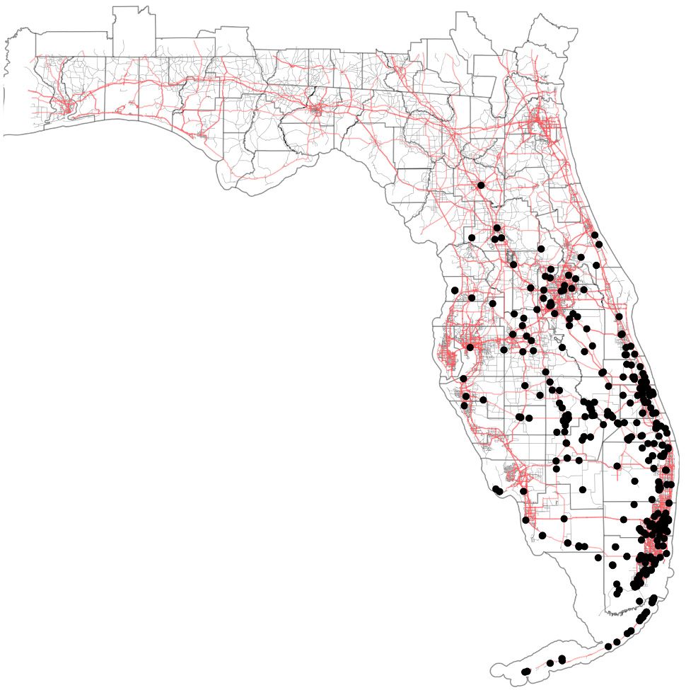 Map of Wasmannia auropunctata distribution in Florida. Black points represent localities where this species has been collected. Counties are outlined in black and red lines represent highways. Notice that most occurrences are often in disturbed landscapes such as along highways and in urbanized areas. 