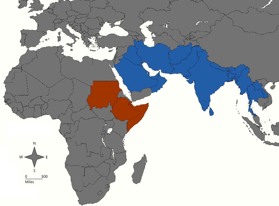 Historic distribution of Anopheles stephensi in Southeast Asia, the Middle East, and the Arabian Peninsula (blue). Recent invasion in the Horn of Africa (red). 