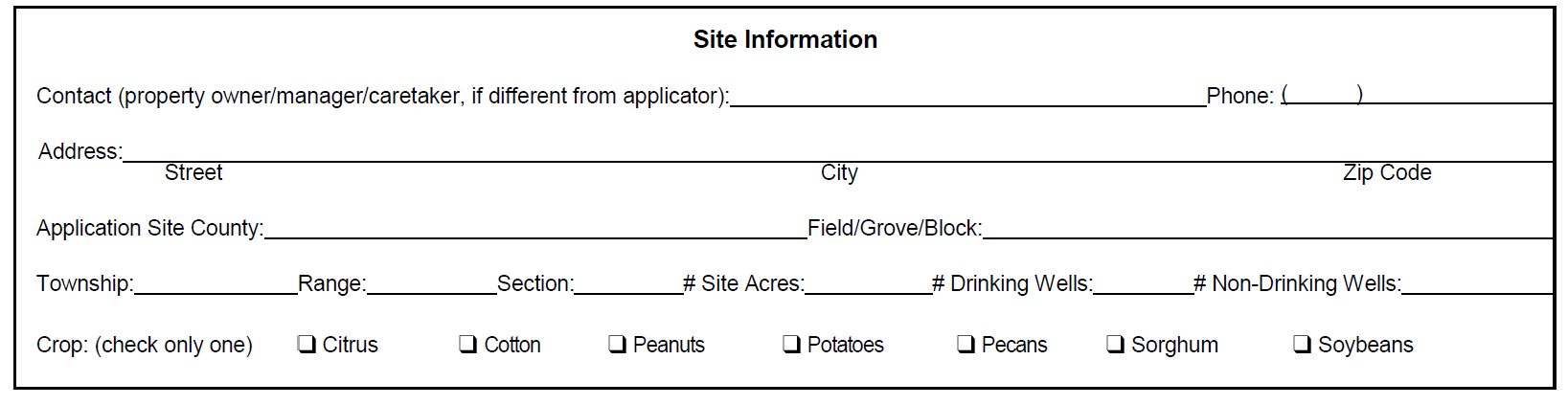 The “Site Information” section of the aldicarb permit. Applicators sometimes have questions about the location and drinking well sections. 
