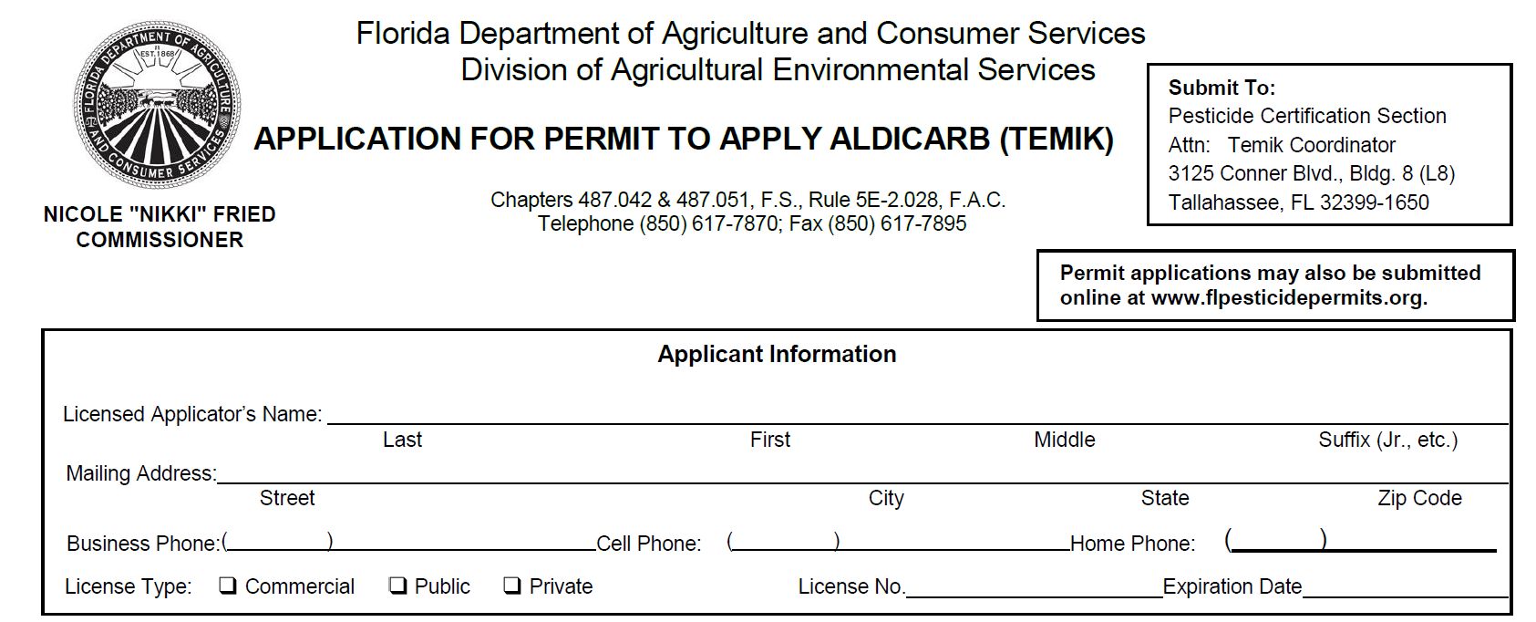 The aldicarb application permit, including the “Applicant Information” section. Note that the website provided to submit application permits is NOT working, but a new website is in progress. As we mentioned above, the application for permit references Temik, but it applies to AgLogic 15GG, the currently registered aldicarb product. For questions about completing the aldicarb permit application, contact the FDACS Pesticide Certification Office at 850-617-7876 or tamara.james@fdacs.gov.