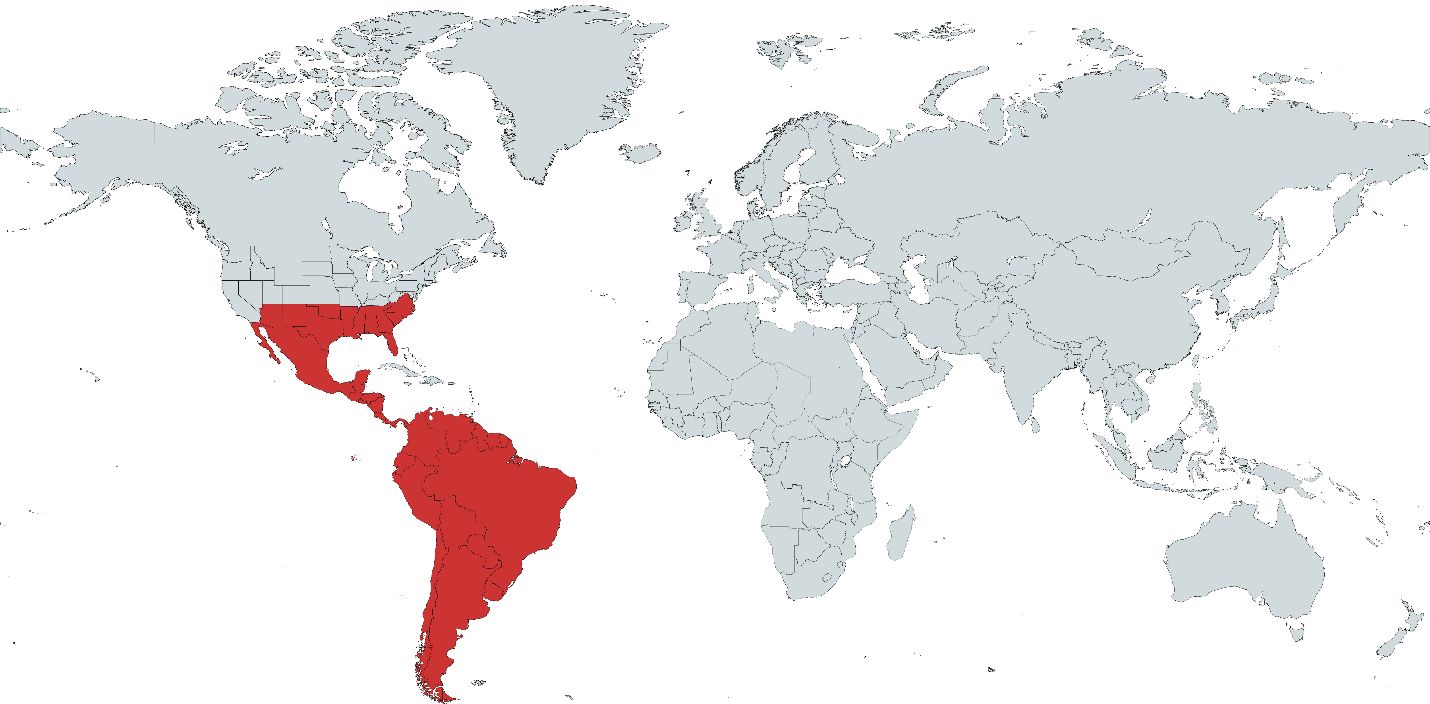 Major global regions (shaded in red) where Culex coronator has been identified. 
