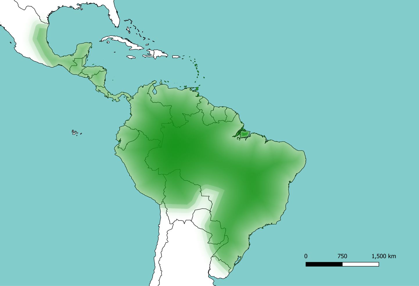 Predicted Sabethes cyaneus Fabricius distribution (in green) based on the literature and range of available habitat.