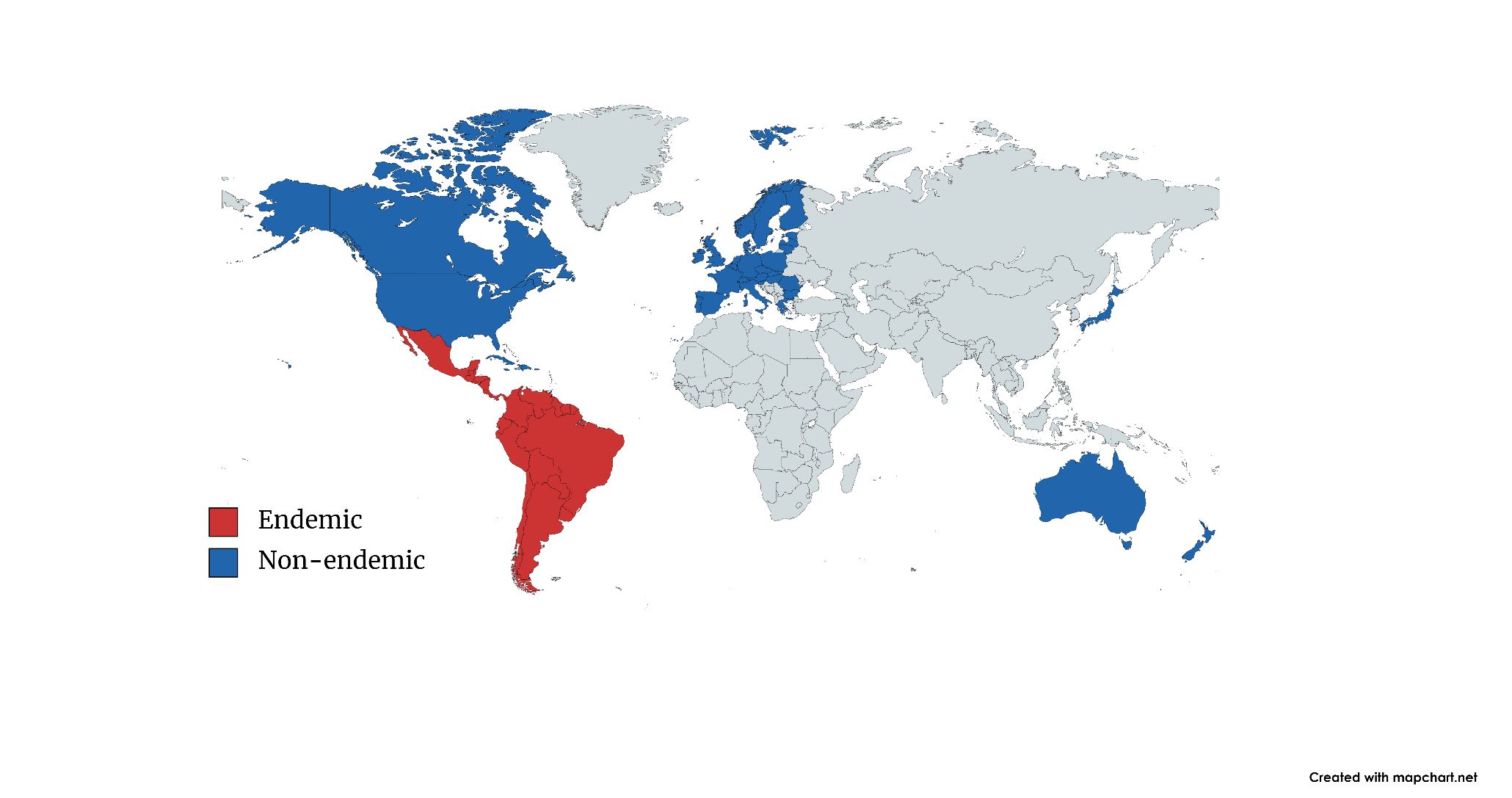 Global distribution map of Chagas disease showing the countries endemic for the disease (shaded red), where transmission occurs mainly through interactions with triatomine bugs in rural areas, as well as the non-endemic countries, where the majority of those with Chagas disease are immigrants from endemic countries (shaded blue). 