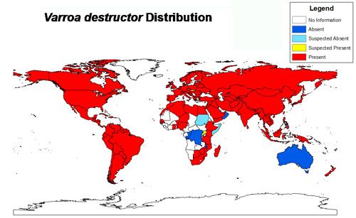 Distribución de Varroa reportada en un informe de literatura científica a partir de 2014.