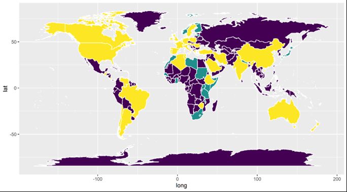 Global occurrence of Malpighamoeba mellificae. This world map distinguishes countries with known M. mellificae presence (yellow), suspected presence (teal), and no presence or unreported (purple). 