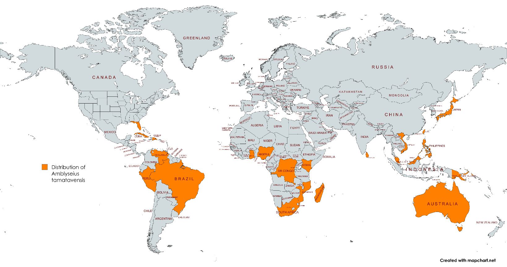 World map showing distribution of A. tamatavensis in orange across parts of Brazil, Colombia, Peru, and Cuba in the Americas; Nigeria, DR Congo, Zambia, and South Africa in Africa; parts of India, Southeast Asian countries, and Japan in Asia; all of Australia and parts of New Zealand; and some islands in the Pacific. The rest of the map is in grayscale.