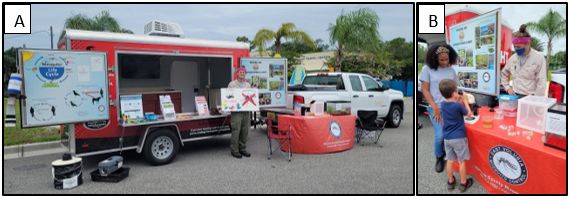 Two photos of educational displays in a parking lot. The side of a red trailer folds down to reveal posters and literature. Large informational posters flank the trailer, along with an exhibit  table covered with a bright red plastic cloth printed with a large picture of a mosquito. A cage presumably containing live mosquitoes and a tank with, probably, larvae sit on top of the table. A child and an adult interact with the person staffing the displays.