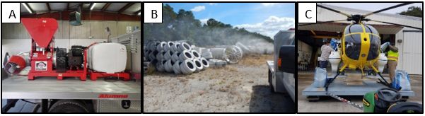 In photo A, a red turbine sprayer on the back of a truck; in B, liquid larvicide is sprayed at a tire pile; and in C, Two people dump bags of larvicide into hoppers on the sides of a yellow helicopter.