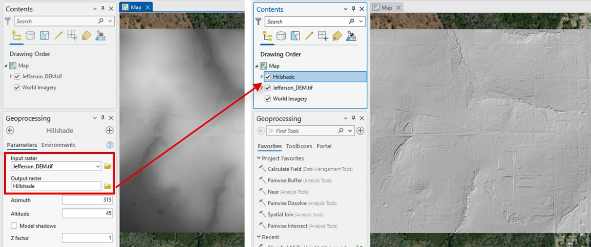 A screenshot of ArcGIS Pro showing an image of a digital elevation model on the left and a hillshade on the right. A red box shows where to click to navigate to the file location and where to click to convert the digital elevation model to the hillshade.