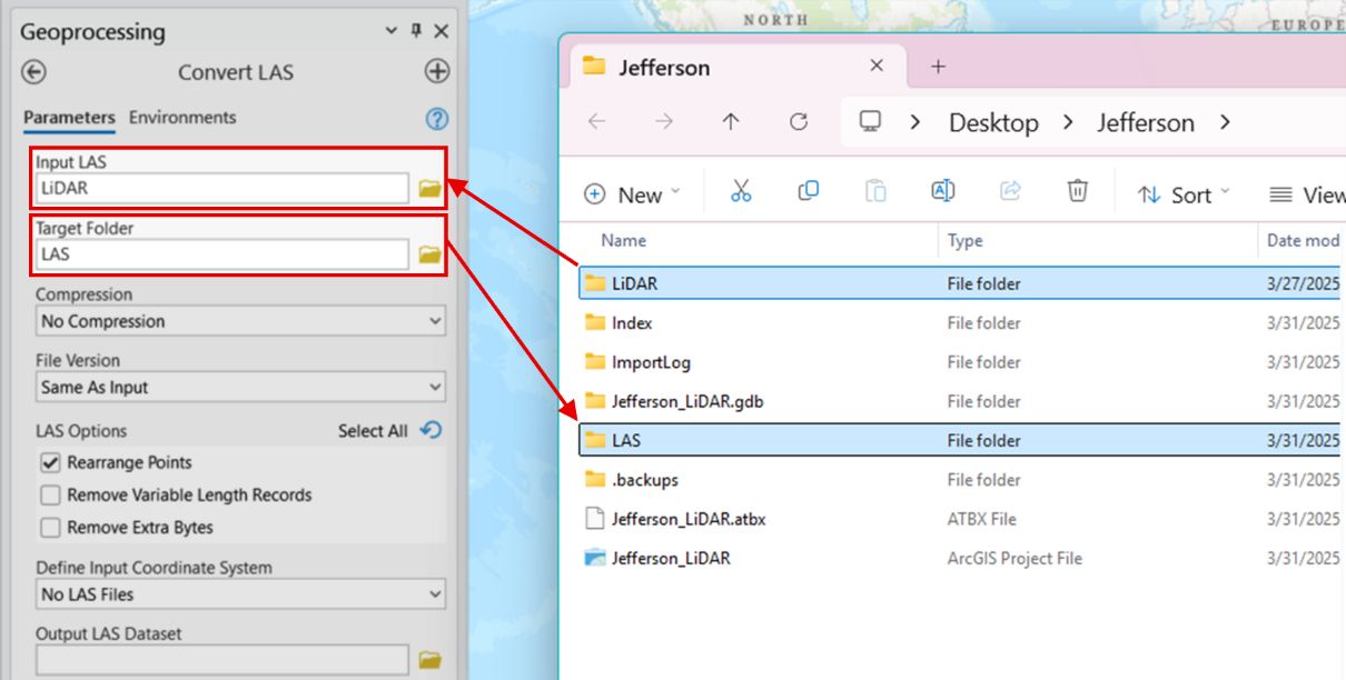 A screenshot of the ArcGIS geoprocessing window showing how to input .las files for conversion. A red box shows where to select folders where files are located.