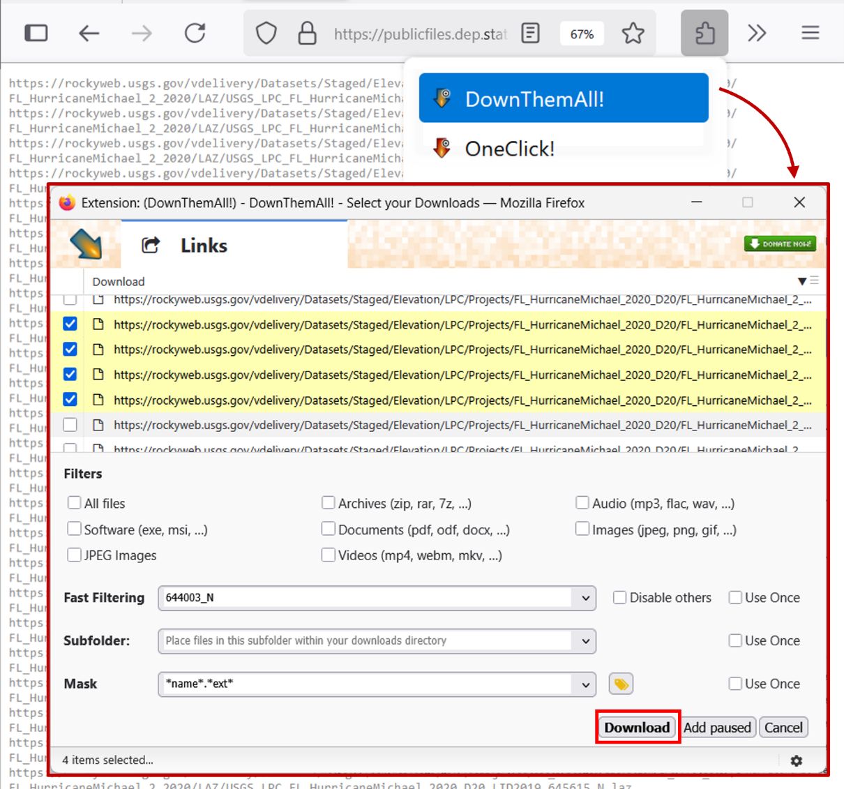 A screenshot of the web plugin tool DownThemAll showing links to bulk file downloads.