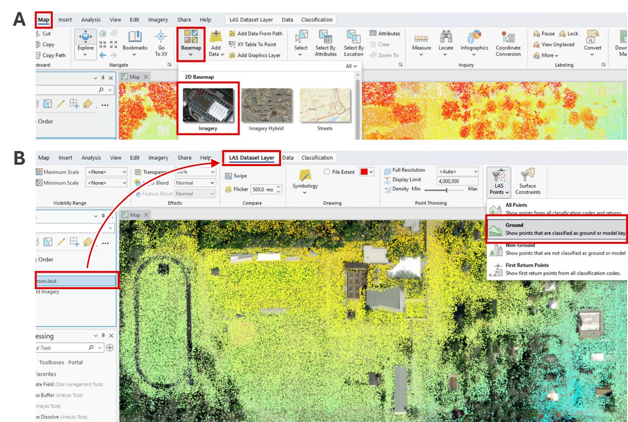 A screenshot of ArcGIS Pro. Panel A shows options to select an underlying base map and LiDAR point cloud data. In panel B, the point data is overlaid on the basemap image. Building roofs and tree canopies do not have points covering them.
