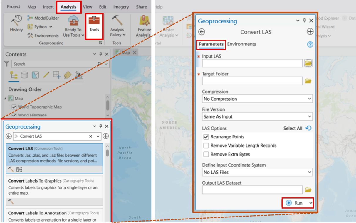 A screenshot showing the geoprocessing pane in the ArcGIS toolbox for processing .las files.  A red box is located on the parameters button and also on the "Run" button.