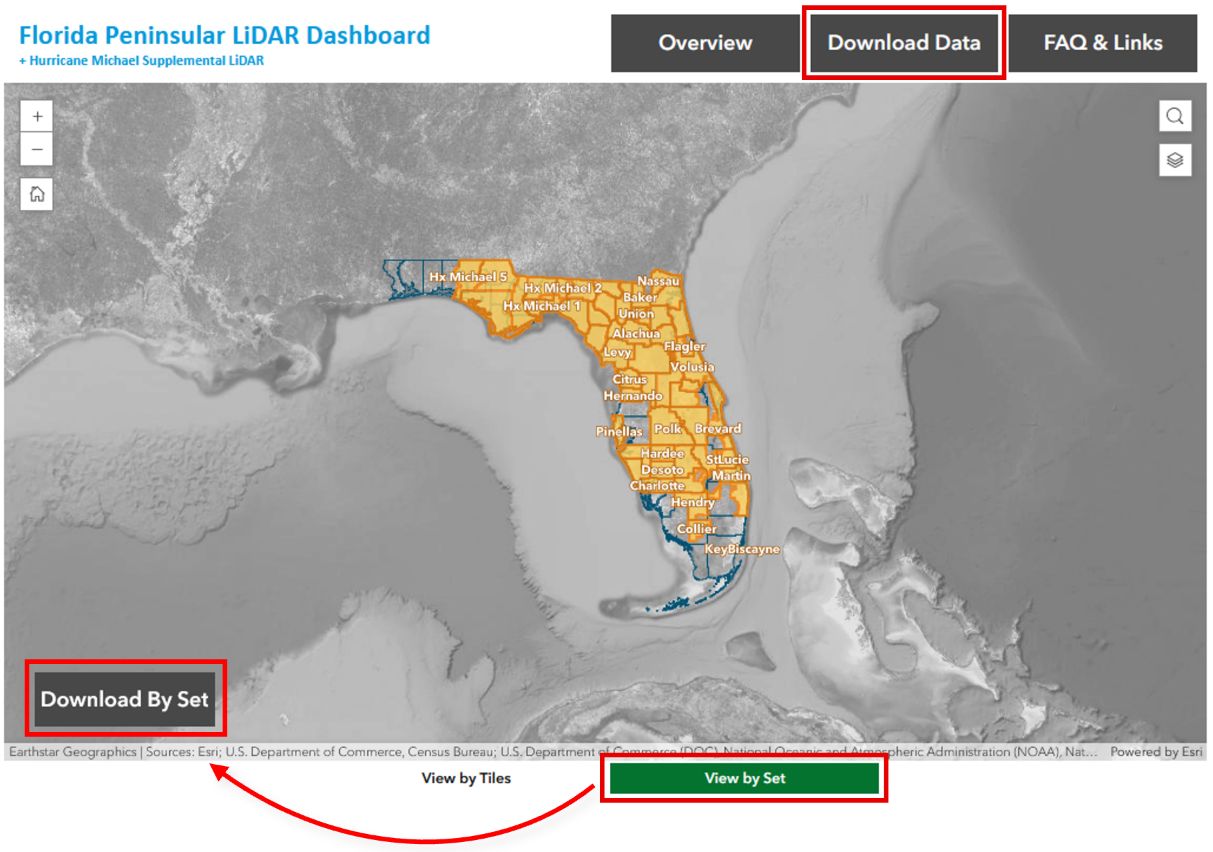 A screenshot of the Florida Peninsular LiDAR Dashboard showing satellite photo of the state with the counties outlined and named. The "Download Data" tab is outlined in red, as are the "View by Set" and "Download By Set" options and an arrow from "View by Set" to "Download By Set" to show which to click first.