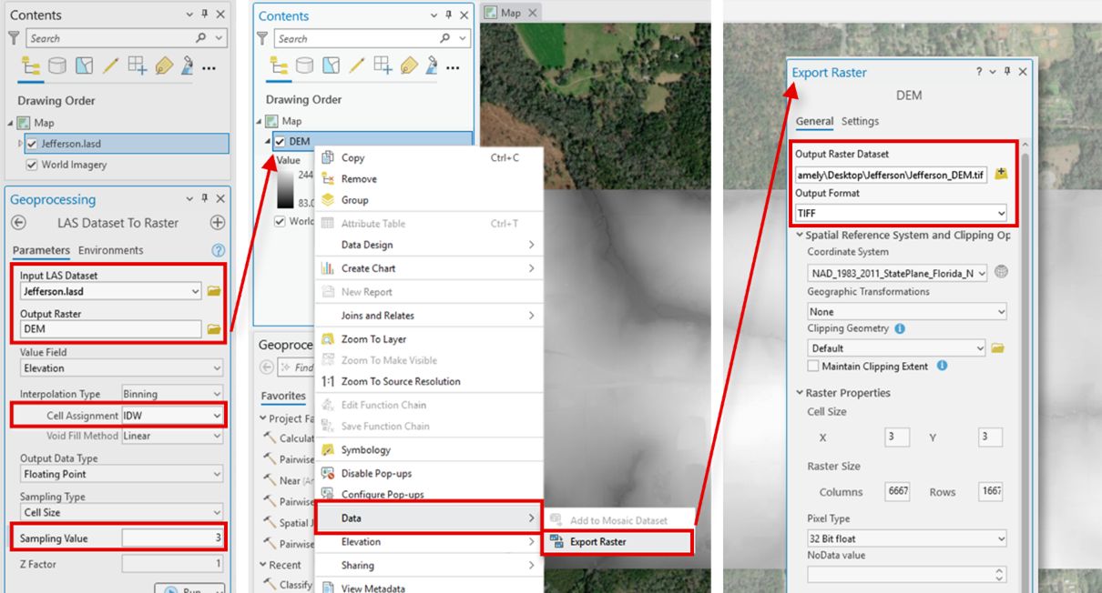 A screenshot of ArcGIS Pro with red boxes showing where to click to navigate to file locations, how to select a DEM layer, then how to export the data in raster format.