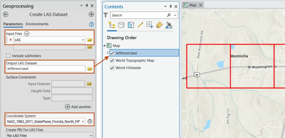 A screenshot showing the ArcGIS geoprocessing pane and how to create a .las file. Red boxes show buttons to click for file locations, and they are mapped to red boxes in a pane on the right.