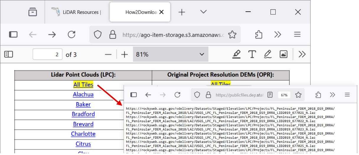 A screenshot of the website and bulk download list of files that can be downloaded from the Florida GIO dashboard.