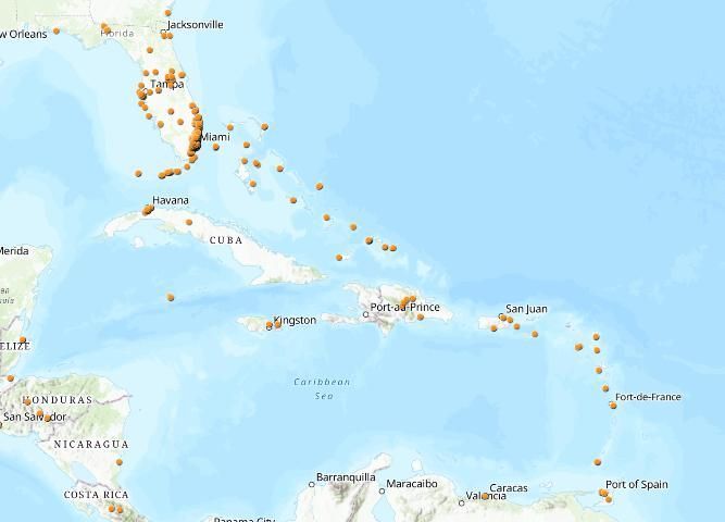 2017 distribution of Cryptotermes brevis (Walker) in Florida and the Caribbean. 