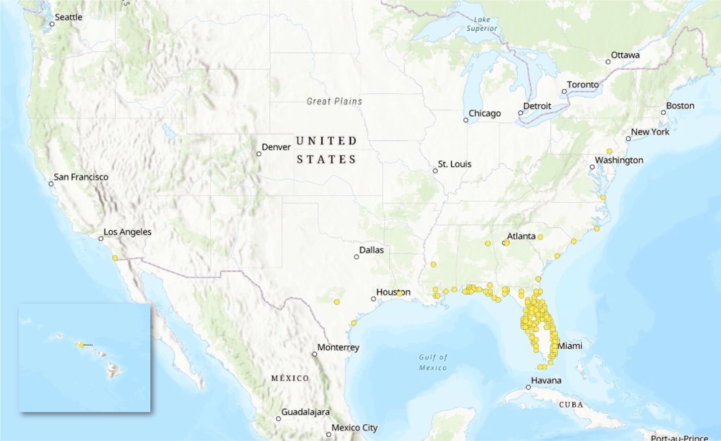 Distribution of Formosan subterranean termites across the United States.