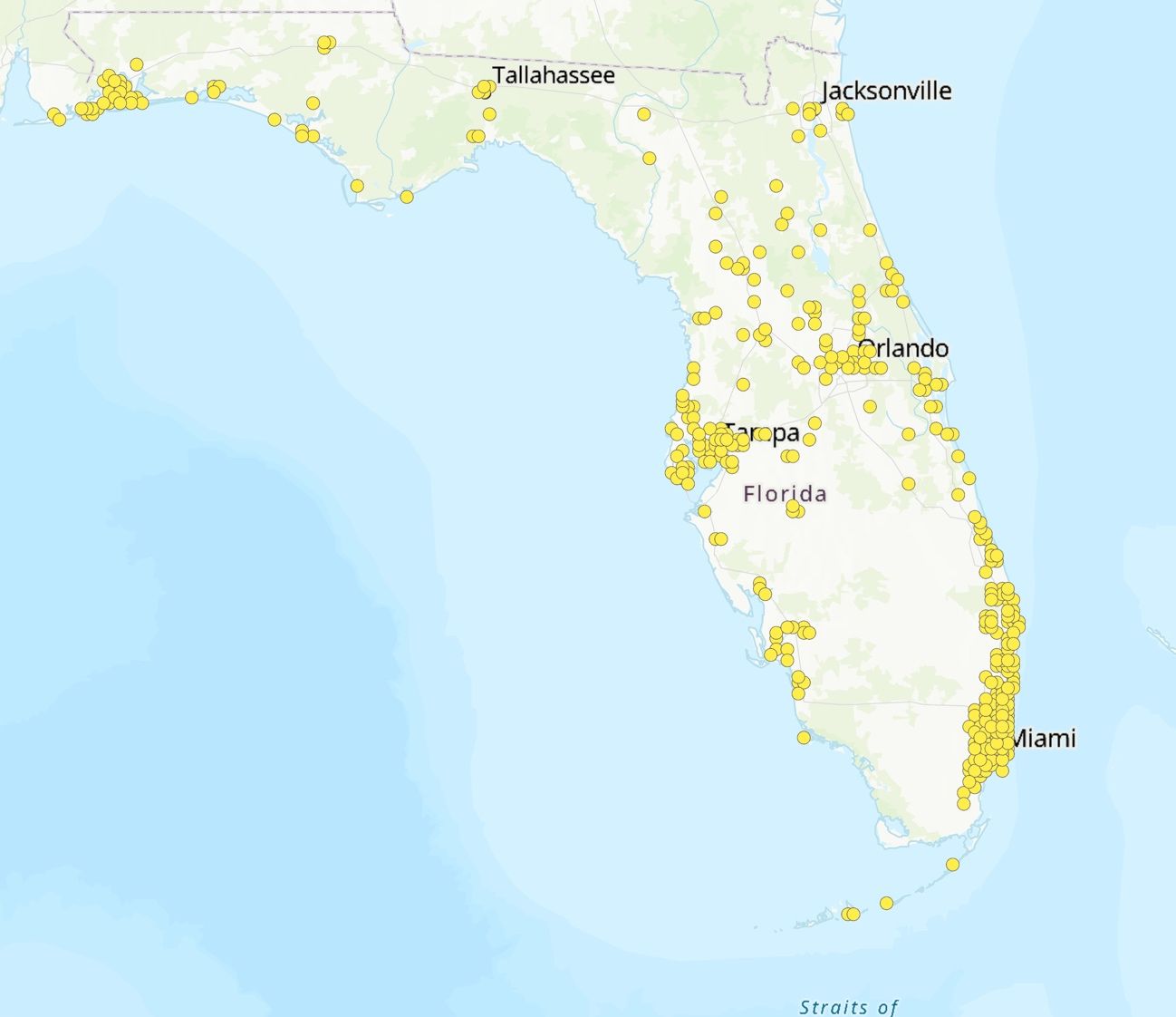 Distribution of Formosan subterranean termites across the state of Florida.