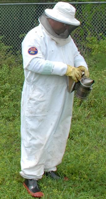 Figure 3. Appropriate personal protective equipment should be worn by a PCO whenever dealing with stinging insects. Protective equipment should include a veil, full suit, gloves and boots or foot/ankle protection.