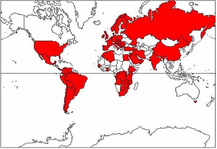 Figure 2. The worldwide distribution (red colored areas) of the bee louse, Braula coeca Nitzsch.