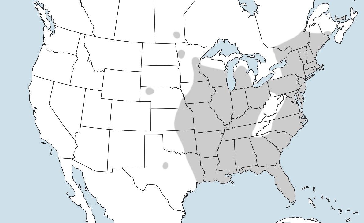 Map of North America showing eastern regions shaded, except upland Appalachia.