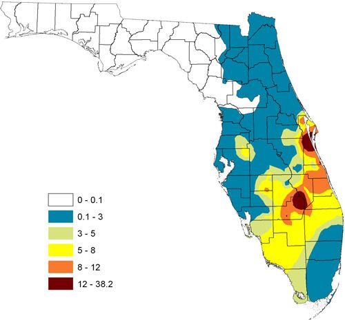 Figure 2. Density of Gratiana boliviana per plant during 2008 and 2010 in Florida.
