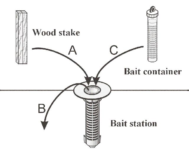 Figure 9. Typical baiting procedure: A.) Station containing stake is installed in ground. B.) When termites are found in station the stake is removed and C.) replaced with bait.