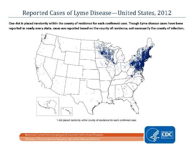 Figure 1. Reported cases of Lyme disease in the United States, 2012. Though Lyme disease cases have been reported in nearly every state, cases are reported based on the county of residence, not necessarily the county of infection.